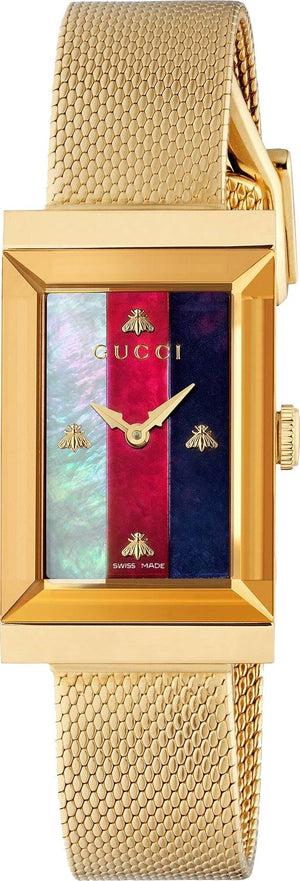 Gucci G-Frame Mother of Pearl Dial Yellow Gold Mesh Bracelet Watch For Women - YA147410 Authentic Buy Shop Now