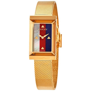 Gucci G-Frame Mother of Pearl Dial Yellow Gold Mesh Bracelet Watch For Women - YA147410 Authentic Buy Shop Now