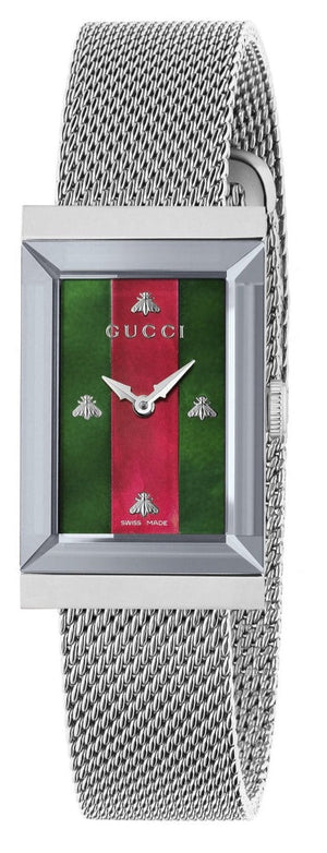 Gucci G Frame Red and Green Dial Silver Mesh Bracelet Watch For Women - YA147401 Authentic Buy Shop Now