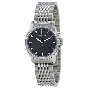 Gucci G Timeless Diamonds Mother of Pearl Black Dial Silver Mesh Bracelet Watch For Women - YA126507 Authentic Buy Shop Now