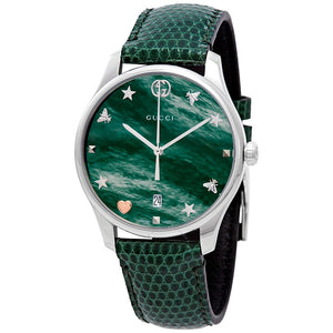 Gucci G-Timeless Mother of Pearl Green Dial Green Leather Strap Watch For Women - YA1264042 Authentic Buy Shop Now
