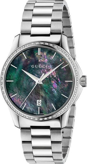 Gucci G Timeless Diamonds Mother of Pearl Blue Dial Silver Steel Strap Unisex Watch - YA126458 Authentic Buy Shop Now