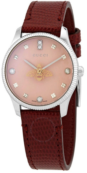 Gucci G Timeless Quartz Diamonds Pink Dial Red Leather Strap Watch For Women - YA1265017 Authentic Buy Shop Now