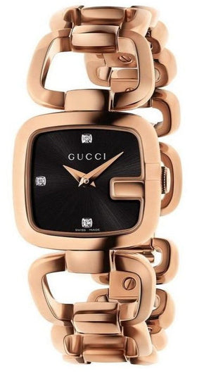 Gucci G Ladies Diamonds Black Dial Rose Gold Steel Strap Watch For Women - YA125512 Authentic Buy Shop Now