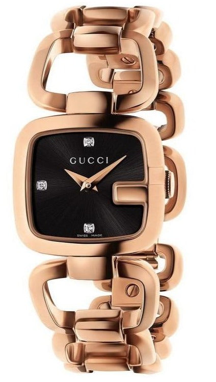 Gucci G Ladies Diamonds Black Dial Rose Gold Steel Strap Watch For Women - YA125512 Authentic Buy Shop Now