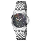 Gucci G Timeless Diamonds Mother of Pearl Black Dial Silver Steel Strap Watch For Women - YA126505 Authentic Buy Shop Now