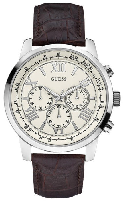 Guess Horizon Chronograph White Dial Brown Leather Strap Watch For Men - W0380G2 Authentic Buy Shop Now