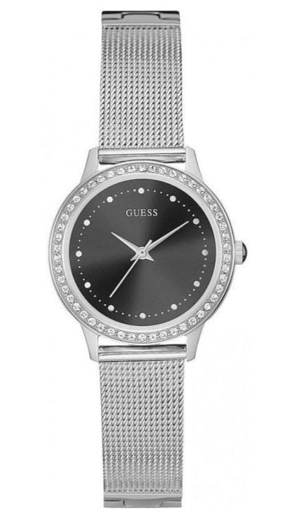 Guess Chelsea Crystals Black Dial Silver Mesh Bracelet Watch For Women - W0647L5 Authentic Buy Shop Now