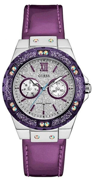 Guess Limelight Quartz Silver Dial Purple Leather Strap Watch For Women - W0775L6 Authentic Buy Shop Now