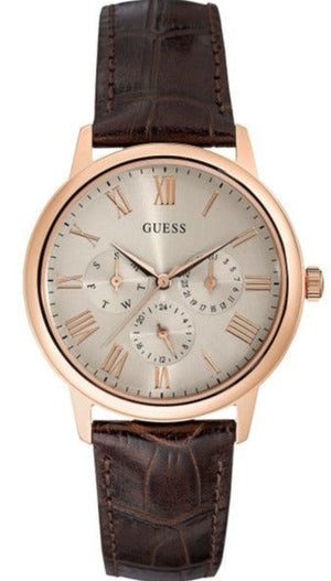 Guess Wafer Quartz Beige Dial Brown Leather Strap Watch For Men - W0496G1 Authentic Buy Shop Now