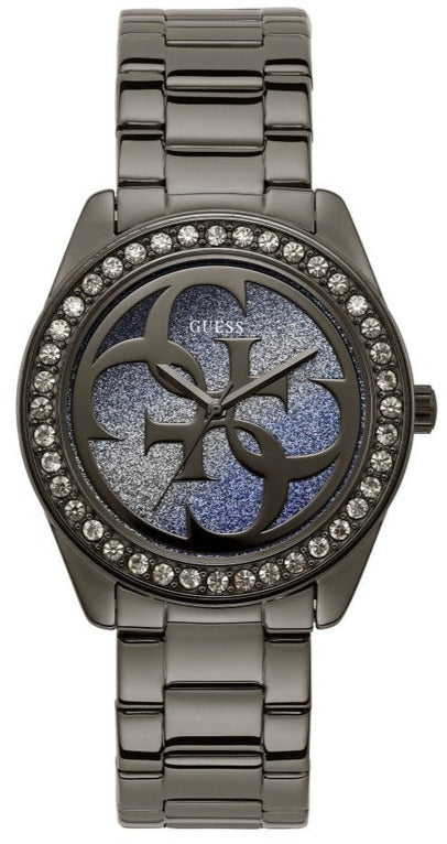 Guess G Twist Diamonds Purple Dial Black Steel Strap Watch For Women - W1201L4 Authentic Buy Shop Now