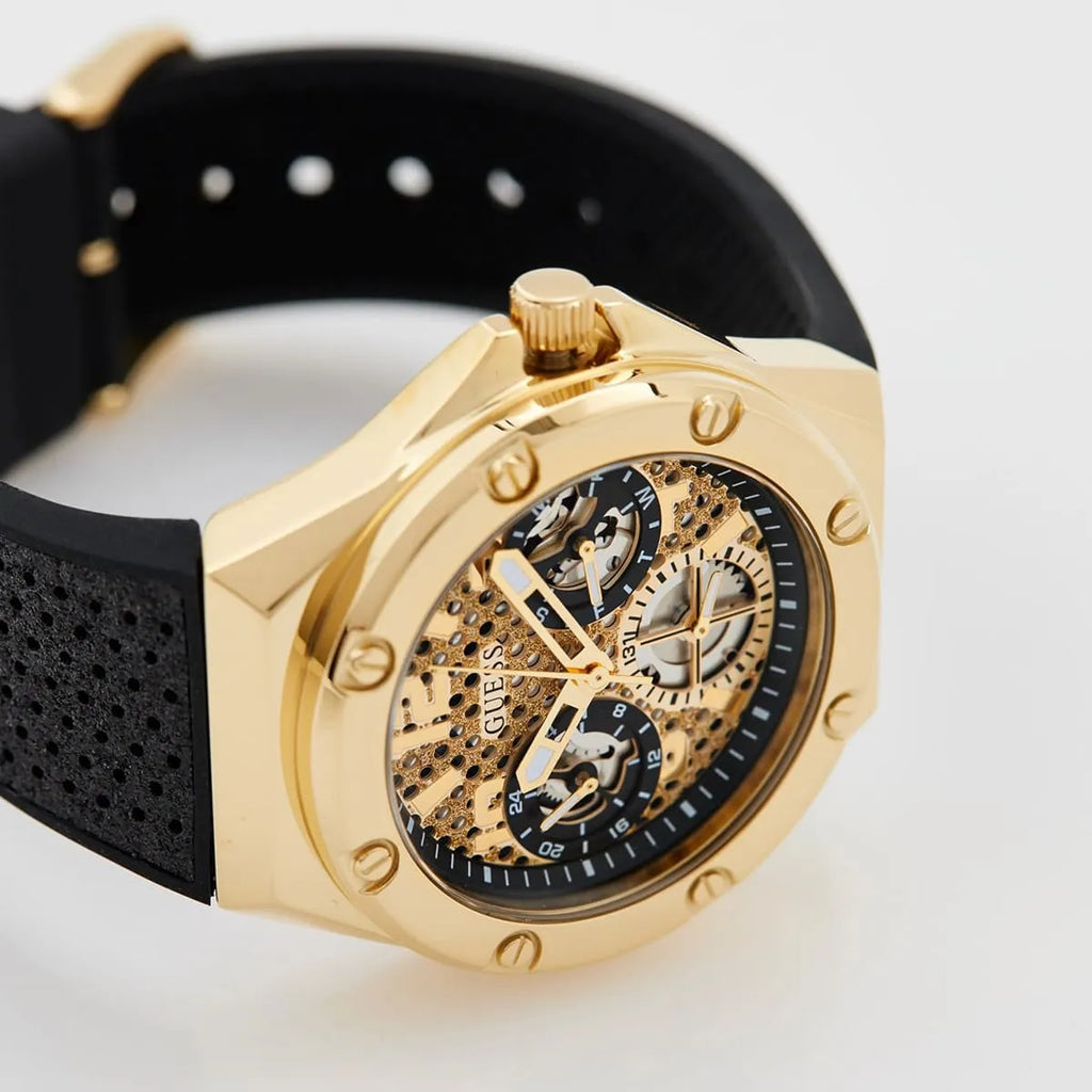 Guess Asteria Multifunction Gold Dial Black Rubber Strap Watch For Women - GW0620L2 Authentic Buy Shop Now