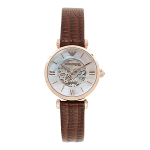 Emporio Armani Meccanico Skeleton Mother of Pearl Dial Brown Leather Strap Watch For Women - AR1993 Authentic Buy Shop Now