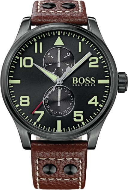 Hugo Boss Aeroliner Maxx Black Dial Brown Leather Strap Watch For Men - 1513079 Authentic Buy Shop Now