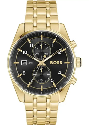 Hugo Boss Skytraveller Chronograph Black Dial Gold Steel Strap Watch for Men - 1514152 Authentic Buy Shop Now