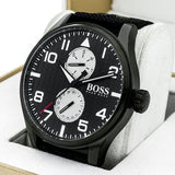 Hugo Boss Aeroliner Chronograph Black Dial Black Leather Strap Watch For Men - 1513086 Authentic Buy Shop Now