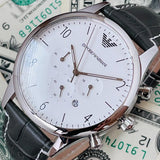 Emporio Armani Classic Chronograph Silver Dial Grey Leather Strap Watch For Men - AR1861 Authentic Buy Shop Now