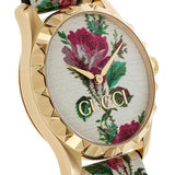 Gucci G Timeless Floral Gold Dial White Leather Strap Watch For Women - YA1264084 Authentic Buy Shop Now