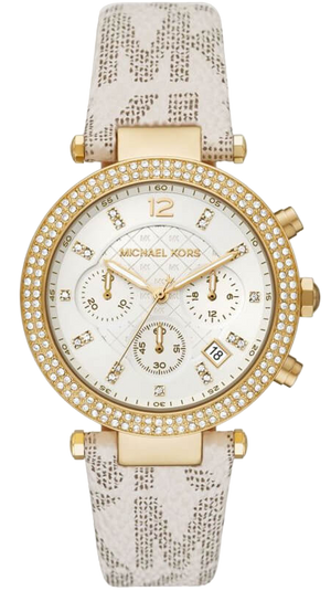 Michael Kors Parker Chronograph White Dial White Leather Strap Watch For Women - MK6916 Authentic Buy Shop Now