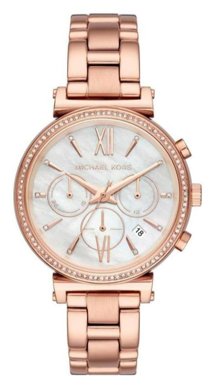 Michael Kors Sofie Chronograph Mother of Pearl White Dial Rose Gold Steel Strap Watch For Women - MK6576 Authentic Buy Shop Now