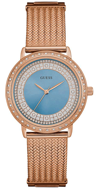 Guess Willow Crystal Blue Dial Rose Gold Mesh Bracelet Watch For Women - W0836L1 Authentic Buy Shop Now