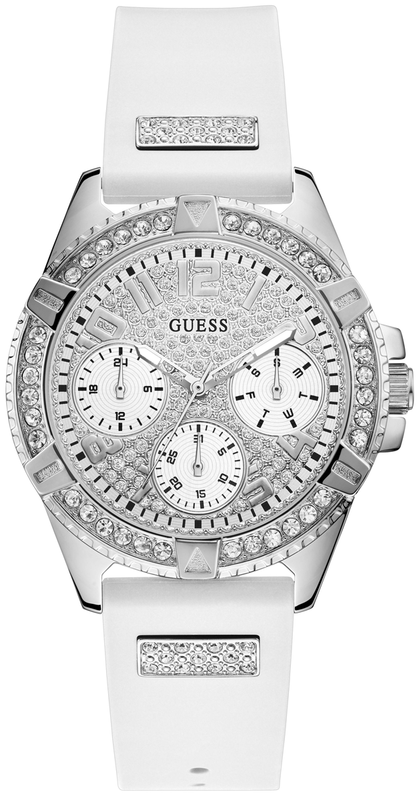 Guess Frontier Diamonds Silver Dial White Rubber Strap Watch For Women - W1160L4 Authentic Buy Shop Now