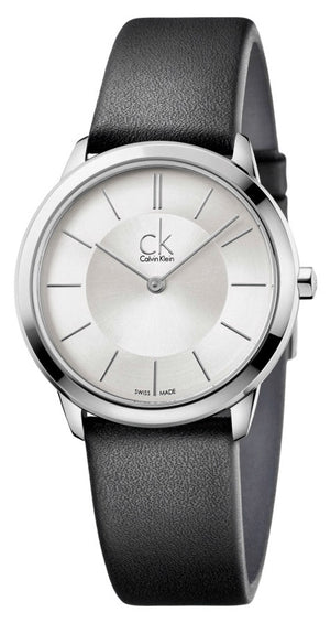 Calvin Klein Minimal Silver Dial Black Leather Strap Watch for Women - K3M221C6 Authentic Buy Shop Now