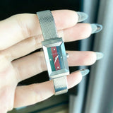 Gucci G Frame Quartz Diamonds Green & Red Mother of Pearl Dial Silver Mesh Bracelet Watch For Women - YA147510 Authentic Buy Shop Now