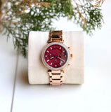 Michael Kors Parker Chronograph Red Dial Rose Gold Steel Strap Watch For Women - MK6106 Authentic Buy Shop Now