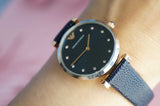 Emporio Armani Gianni T Bar Analog Blue Dial Black Leather Strap Watch For Women - AR1989 Authentic Buy Shop Now