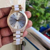 Michael Kors Slim Runway Quartz White Dial Two Tone Steel Strap Watch For Women - MK4295 Authentic Buy Shop Now