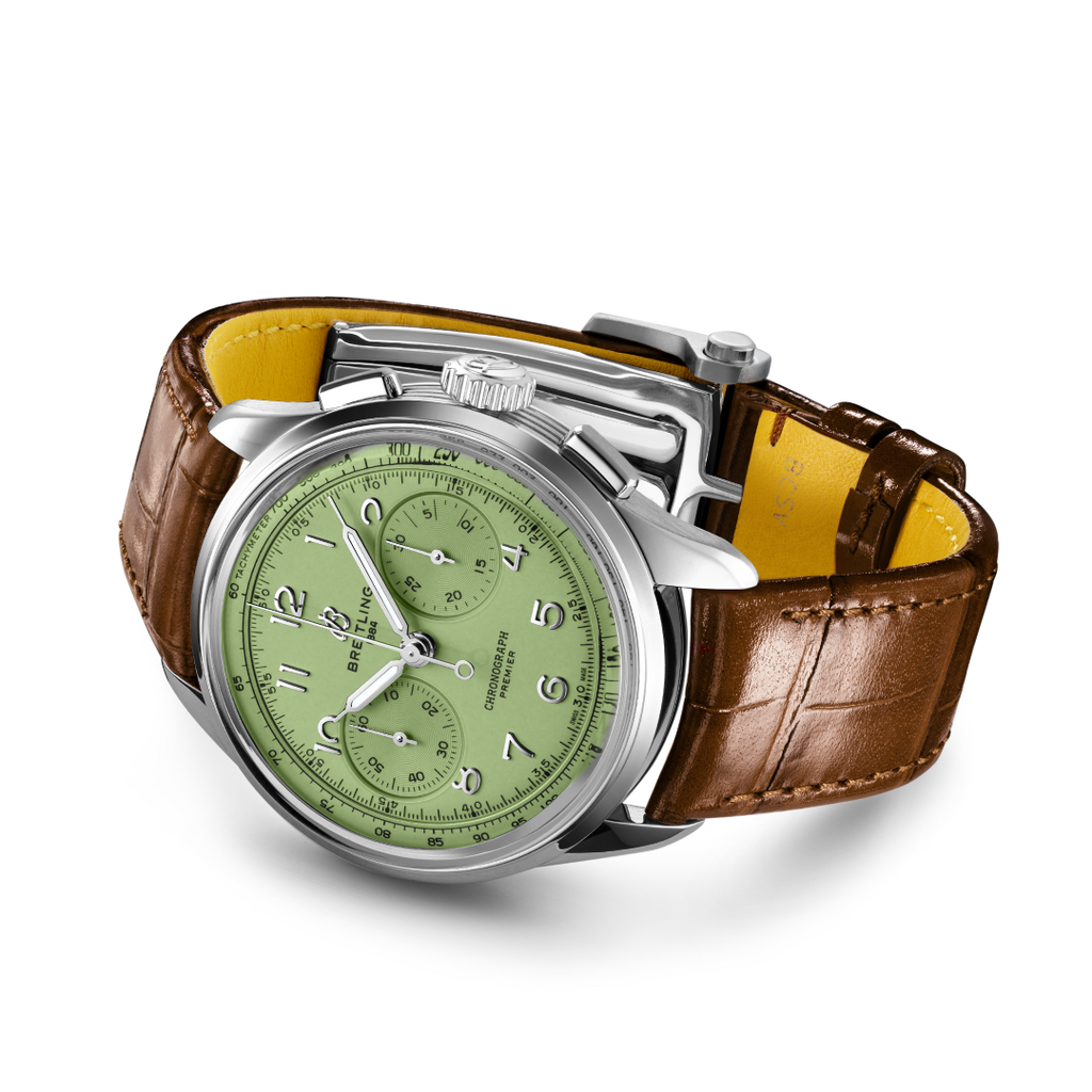 Breitling Premier B09 Chronograph 40 Green Dial Brown Leather Strap Watch for Men - AB0930D31L1P1 Authentic Buy Shop Now