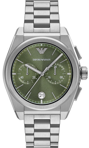 Emporio Armani Federico Chronograph Green Dial Silver Steel Strap Watch for Men - AR11640 Authentic Buy Shop Now