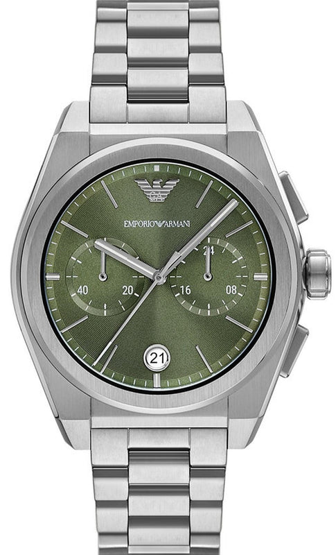 Emporio Armani Federico Chronograph Green Dial Silver Steel Strap Watch for Men - AR11640 Authentic Buy Shop Now