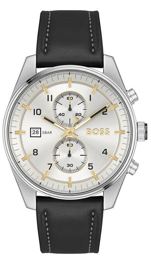 Hugo Boss Skytraveller Chronograph Silver Dial Black Leather Strap Watch for Men - 1514147 Authentic Buy Shop Now