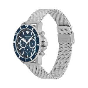 Emporio Armani Diver Chronograph Blue Dial Silver Mesh Strap Watch for Men - AR11587 Authentic Buy Shop Now