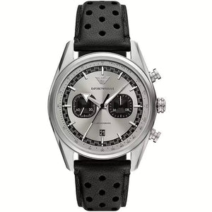 Emporio Armani Racer Chronograph Silver Dial Black Leather Strap Watch for Men - AR11677 Authentic Buy Shop Now