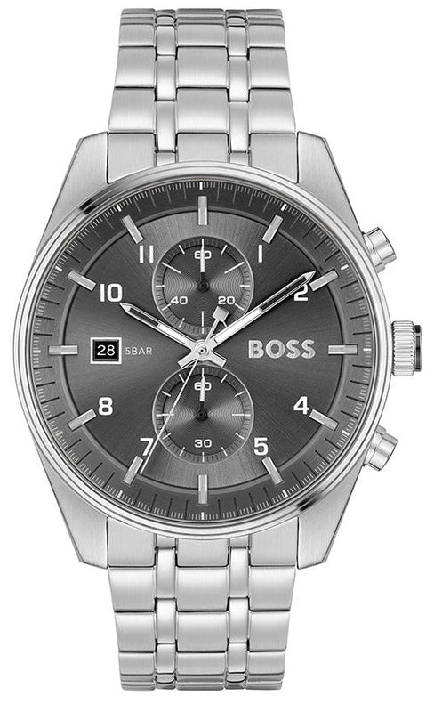 Hugo Boss Skytraveller Chronograph Grey Dial Silver Steel Strap Watch for Men - 1514151 Authentic Buy Shop Now