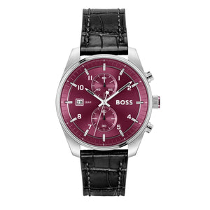 Hugo Boss Skytraveller Chronograph Burgundy Red Dial Black Leather Strap Watch for Men - 1514193 Authentic Buy Shop Now