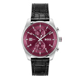 Hugo Boss Skytraveller Chronograph Burgundy Red Dial Black Leather Strap Watch for Men - 1514193 Authentic Buy Shop Now