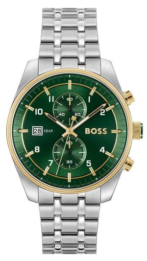 Hugo Boss Skytraveller Chronograph Green Dial Silver Steel Strap Watch for Men - 1514195 Authentic Buy Shop Now