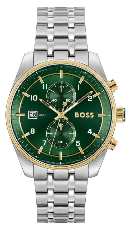 Hugo Boss Skytraveller Chronograph Green Dial Silver Steel Strap Watch for Men - 1514195 Authentic Buy Shop Now