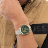 Hugo Boss Grand Prix Chronograph Green Dial Silver Steel Strap Watch for Men - 1514266 Authentic Buy Shop Now