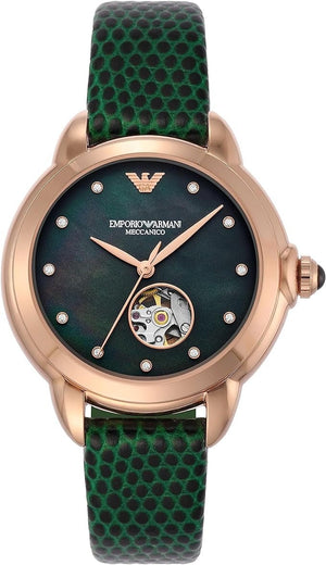 Emporio Armani Mia Meccanico Mother of Pearl Dial Green Leather Strap Watch for Women - AR60073 Authentic Buy Shop Now