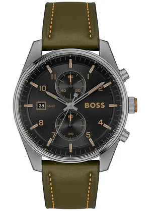 Hugo Boss Skytraveller Chronograph Black Dial Green Leather Strap Watch for Men - 1514148 Authentic Buy Shop Now