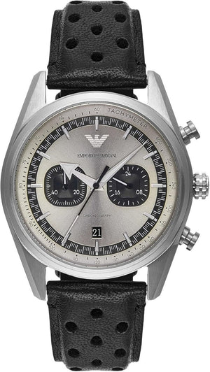 Emporio Armani Racer Chronograph Silver Dial Black Leather Strap Watch for Men - AR11677 Authentic Buy Shop Now