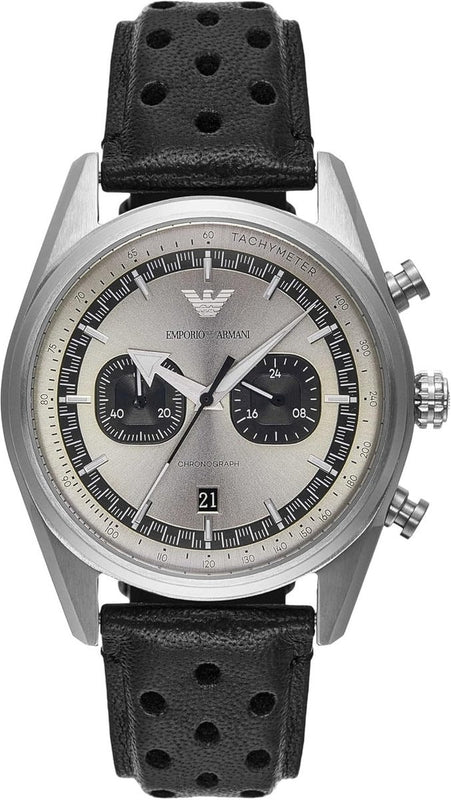Emporio Armani Racer Chronograph Silver Dial Black Leather Strap Watch for Men - AR11677 Authentic Buy Shop Now