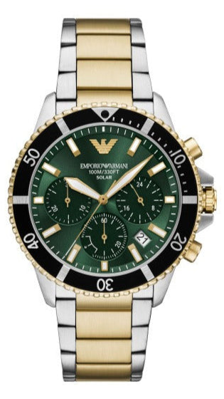 Emporio Armani World Explorer Chronograph Green Dial Two Tone Steel Strap Watch for Men - AR11695 Authentic Buy Shop Now