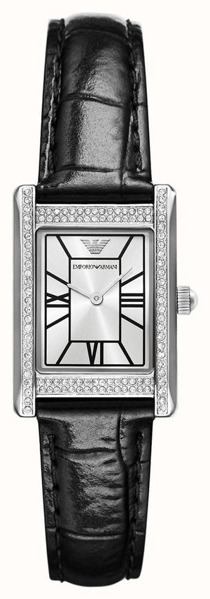 Emporio Armani Two Hand Crystals Silver Dial Black Leather Strap Watch for Women - AR11623 Authentic Buy Shop Now