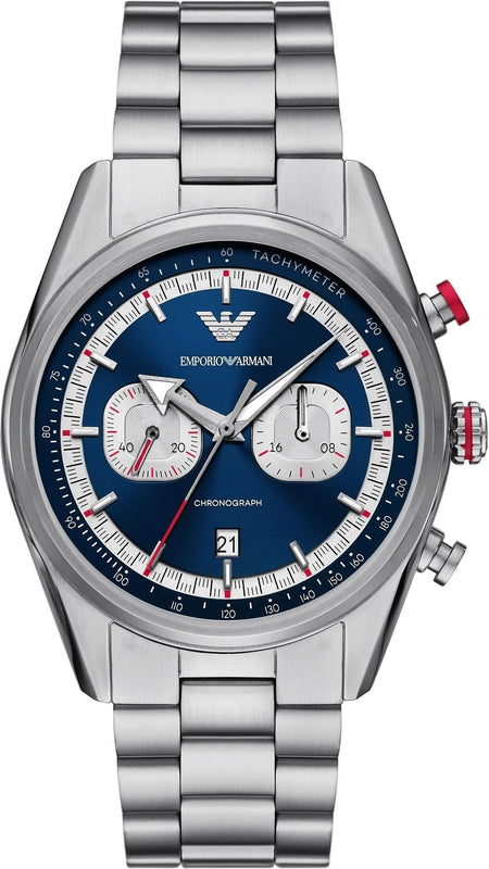 Emporio Armani Racer Chronograph Blue Dial Silver Steel Strap Watch for Men - AR11676 Authentic Buy Shop Now